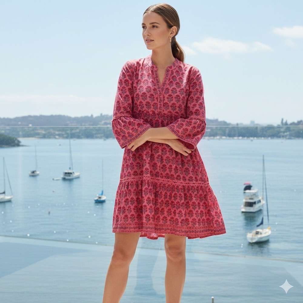 Lola‎ Australia Morocco Mini Strawberry Dress, XXS, Pink Floral Bell Sleeve Boho